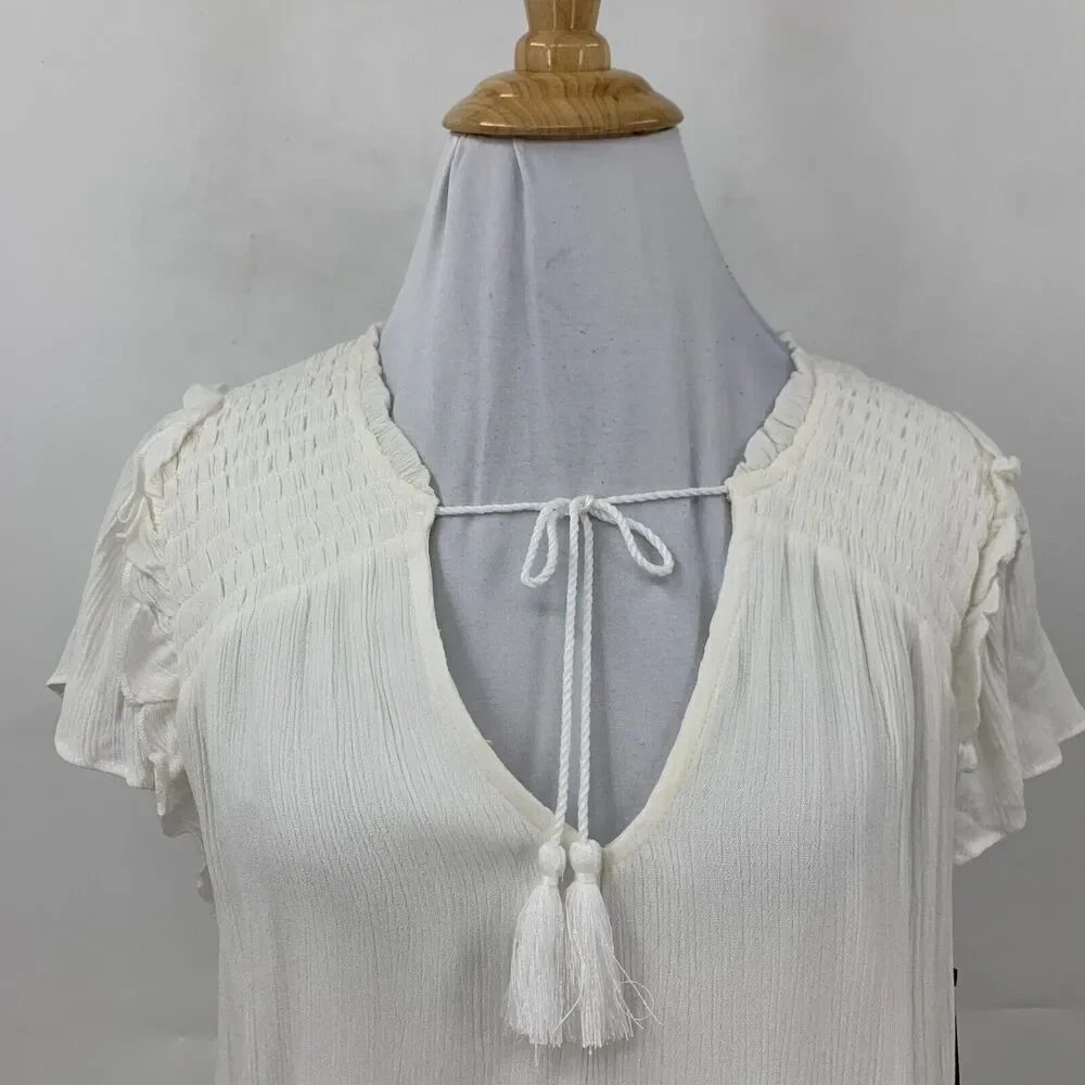 Tart Collections Smocked Waist Dress Womens M Medium White Tassel V Neck Lined